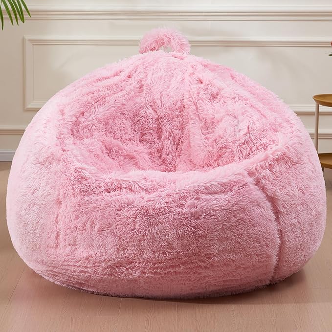 Fluffy Bean Bag for Stuffed Animals Storage, Faux Fur Washable Bean Bag Chair Cover(No Filler) for Textile Plush Toys, Beanbag Chair Cover for Adults Kids Teens, 5FT, Pink