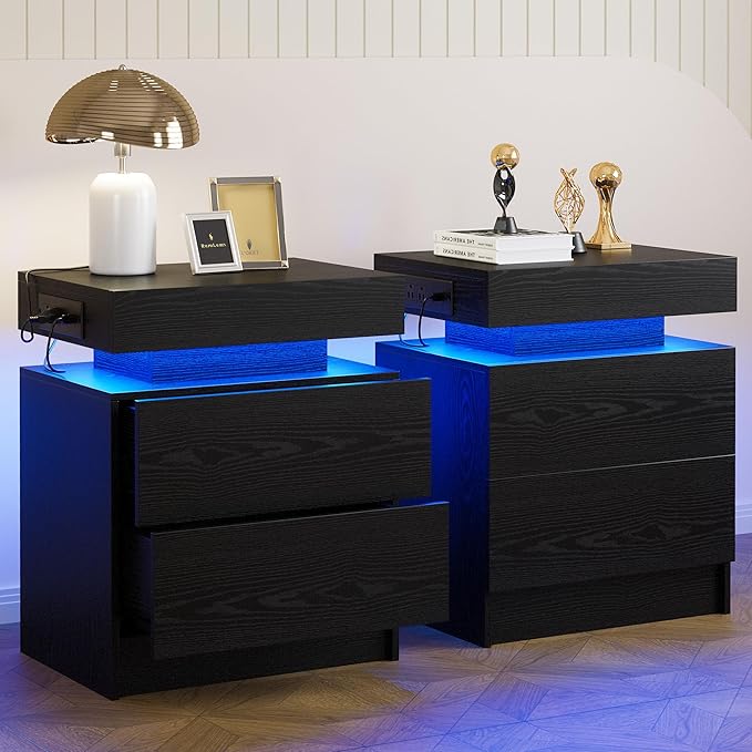 LIKIMIO Night Stand Set of 2, Modern Black Nightstand with with Charging Station, Bedside Tables with LED Light and Drawers, End Table for Bedroom