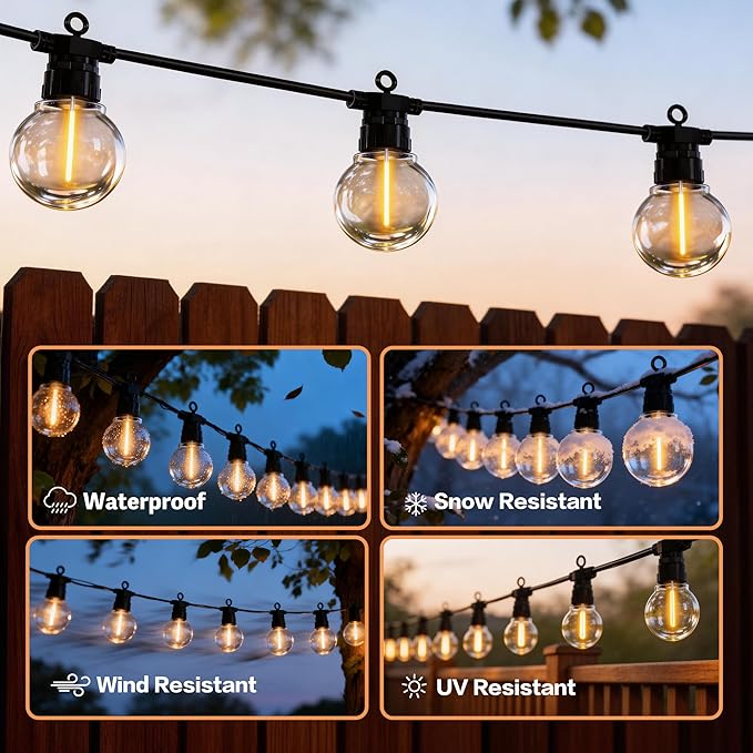100FT Outdoor String Lights with Remote, 42 Dimmable Shatterproof LED G50 Bulbs, Waterproof Patio & Backyard Lights for Pergola, Deck, Garden, Bistro, Commercial Grade Hanging Lights