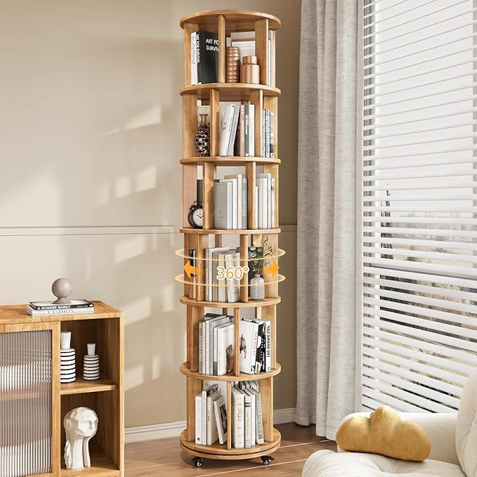 6 Tier Bookshelf Tower, 360° Solid Wood Spinning Bookcase with Swivel Wheels, Floor Standing Book Shelf for Small Space, Bookshelf for Home Office Study Room Bedroom Living Room