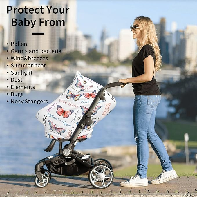 Personalized Baby Car Seat Cover with Name Stroller Canopy Custom Butterfly Carseat Cover Newborn Baby Boy Girl Nursing Cover for Moms First Birthday Gift