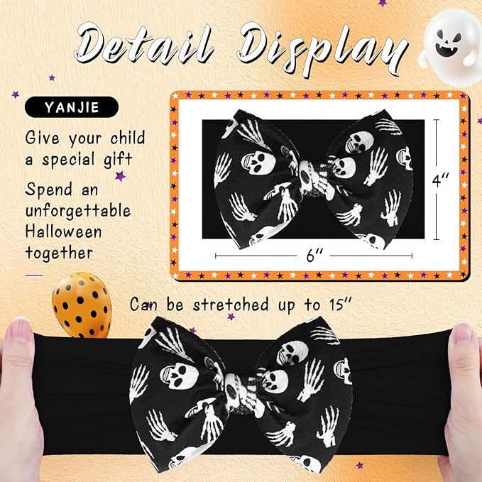YanJie 6'' 2PCS Halloween Hair Bows Baby Girls Headbands Pumpkin Accessories Black Ghost Baby Bows Newborn Bows Nylon Hair Bows Toddler Headband
