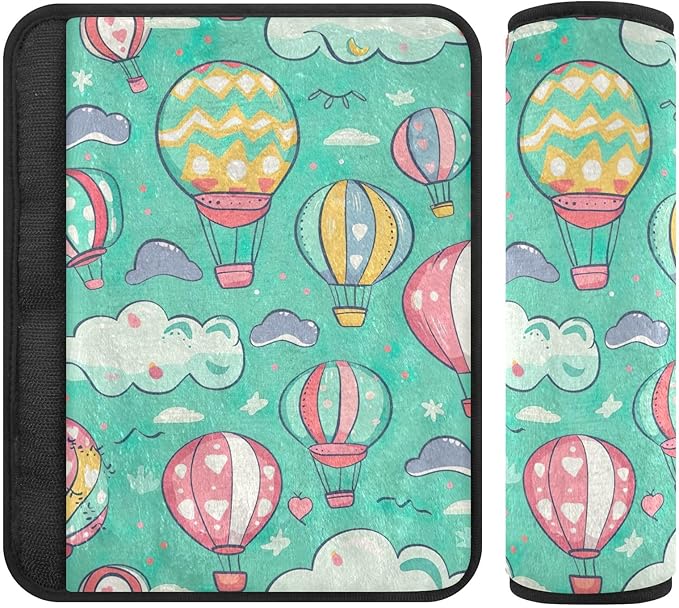 CHIFIGNO 2 Pack Car Seat Belt Covers Hot Air Balloons and Clouds Turquoise Seatbelt Pads Comfortable Car Seat Shoulder Strap Pads for Car Bag