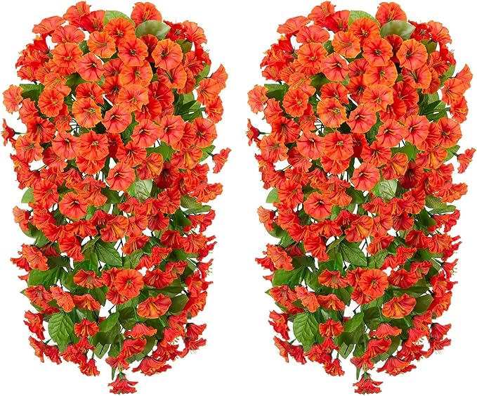 HyeFlora Artificial Fake Fall Hanging Flowers Plants for Outdoor Outside, 2PCS Faux Silk Orange Morning Glory Trailing Vines UV Resistant Look Real for Home Planter Porch Patio