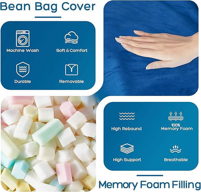 HABUTWAY Bean Bag Chair: Giant 4' Memory Foam Furniture Bean Bag Chairs for Adults with Microfiber Cover 4Ft (Blue)