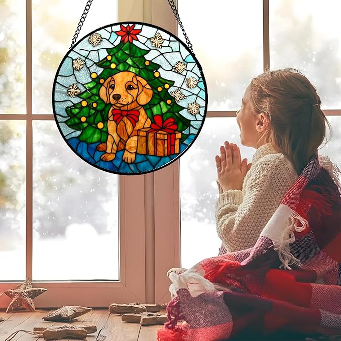 Stained Glass Window Hanging Green Christmas Tree Snowflake Dog 9.8" - Suncatcher Door Garden Sun Catcher Xmas Holiday Decor Birthday for Mom Men Woman Friend Nana