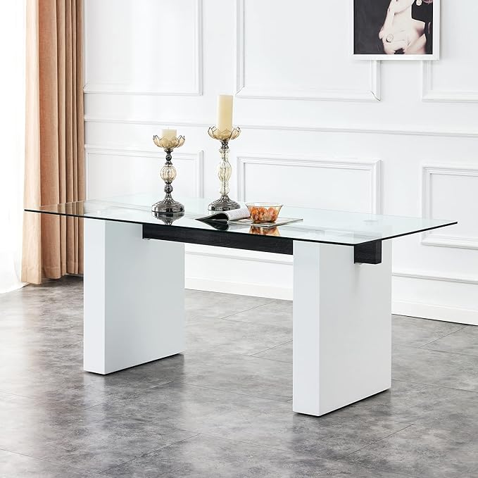 Modern Glass Dining Table for 6-8, Rectangular Glass Kitchen Table with Tempered Glass Tabletop and and Large White Table Legs for Kitchen Dining Room(White)