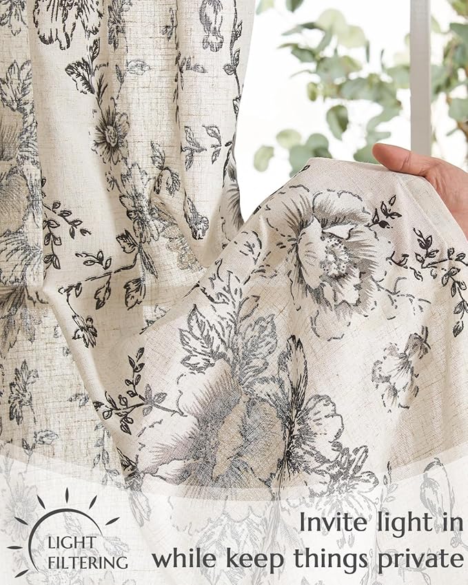 jinchan Floral Linen Tier Curtains 36 Inch Farmhouse Cafe Curtains Tie Top Botanic Drapes for Small Windows Over Sink for Kitchen Country Rustic Laundry Room Bathroom RV 2 Panels Black on Beige