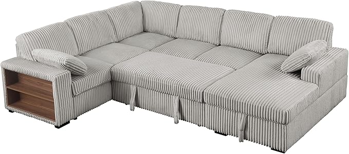 Eafurn Oversized U Shaped Convertible Sleeper Sectional Sofa w/Pull Out Couch Bed, 6 Seater Corduroy Upholstered Corner Lounge Sofa Couch Sleeper Sofabed w/Storage Chaise,Shelves