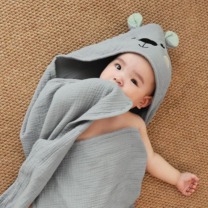 FIOBEE Hooded Baby Towels 100% Muslin Baby Bath Towels for Newborn with Animal Design Ultra-Soft and Absorbent Bath Essentials for Toddler, Unisex Girls Boys 30 x 30 inch, Gray Bear