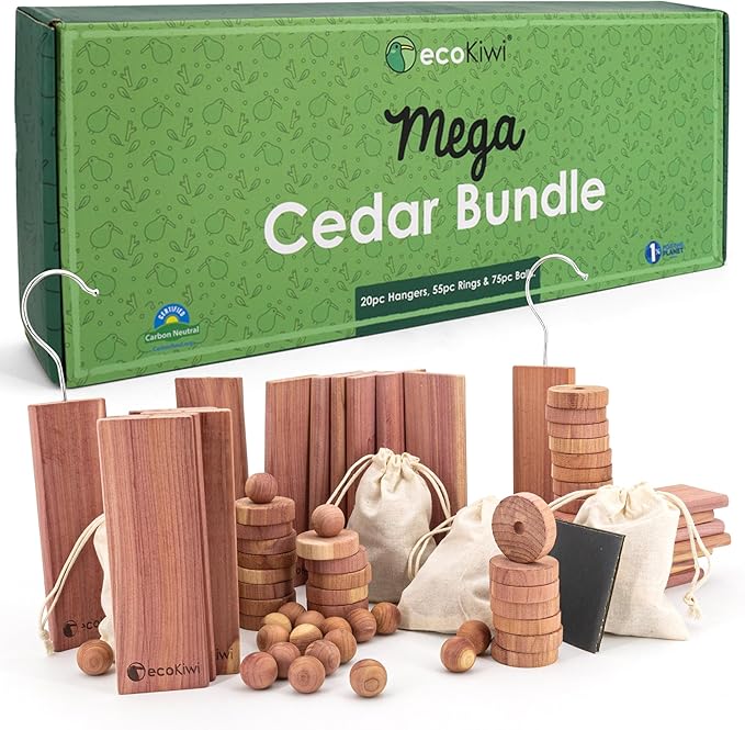ecoKiwi Cedar Blocks for Clothes Storage Mega Bundle Box - Cedar Hangers x20, Balls x75 & Rings x55-100% Natural Oil Planks & Chips for Closets & Drawers - Aromatic Red Cedar Wood with Sandpaper