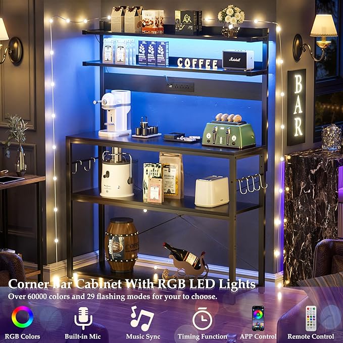 Aheaplus Bakers Rack with Power Outlet, Microwave Stand, 5 Tiers Coffee Bar Station with Led Lights, Kitchen Storage Shelf with 6 S-Shaped Hooks, Kitchen Rack Coffee Bar Stand, Black