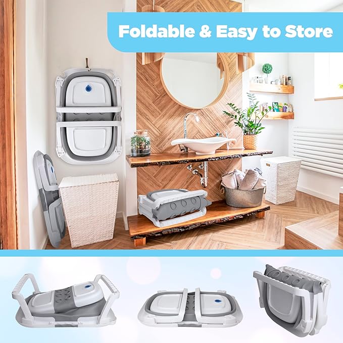 BEBELEH™ Collapsible Baby Bathtub – Bathtub + Baby tub Sling + Newborn Sling – Baby Bathtub Newborn to Toddler 0-24 Months – The Ultimate Travel Baby Bath Tub and Everyday Use! (Gray)