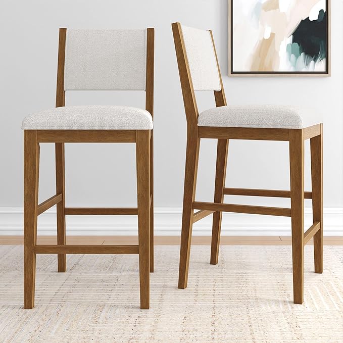 Plank+Beam Sereno Bar Stool, 30", Set of 2, Sturdy Wood Modern Kitchen Bar Height Stool, Upholstered Cushion Bar Chair with Back, Pecan/Ivory