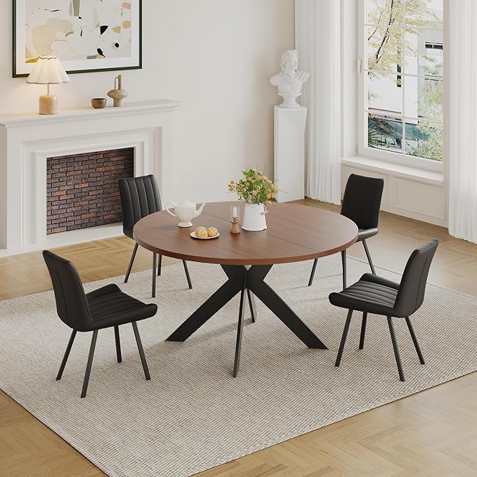 Walnut Round Dining Table Set for 4, Mid-Century Modern Kitchen Table and Chairs, Small Space Dining Room Furniture for Apartment, Breakfast Nook or Studio (Boxwood-1 Table + 4 Black Chairs)
