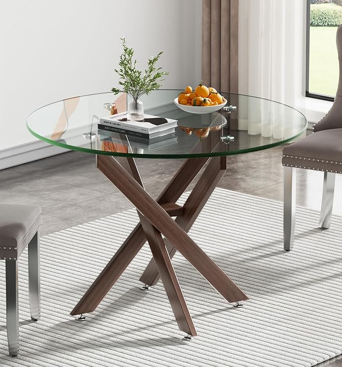36" Round Dining Table for 4, Modern Clear Glass Kitchen Table for 4 with Walnut X Metal Legs, Contemporary Small Circle Dining Room Leisure Tables for Kitchen Apartment