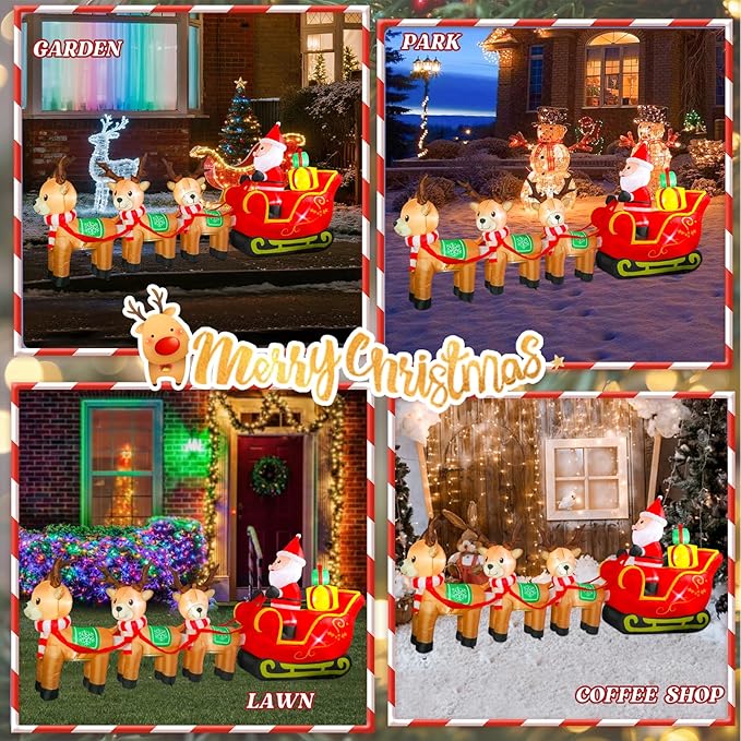 Bshine Christmas Inflatable Outdoor Decorations,12FT Long Santa Claus on Sleigh with Reindeer Deer Sign, Christmas Blower Up with LED Lighted for Holiday Outdoor/Indoor Home Garden Yard Lawn Decor