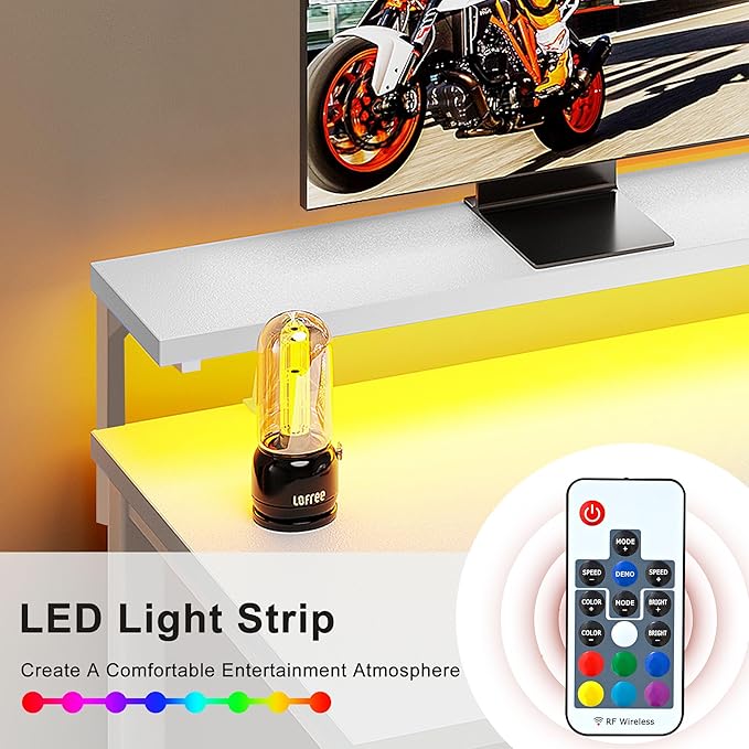 Need 60 inch Computer Desk with LED Lights & Power Outlets, Large Home Desk with Monitor Shelf, Writing Table Gaming Desk Home Office Desk, White