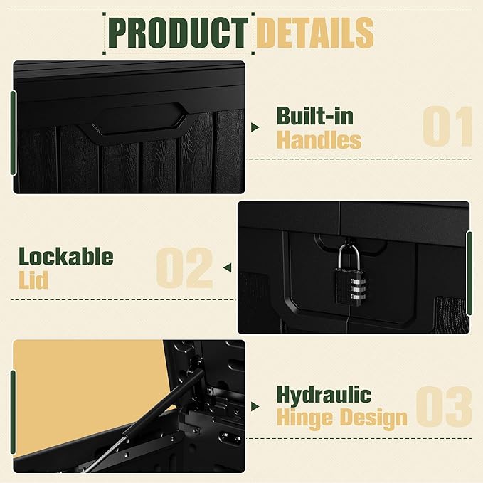 JUMMICO 250 Gallon Outdoor Resin Deck Box with Divider, Waterproof Storage Box with Lockable Lid&Side Handles for Garden Tools, Pools Supplies (Black)