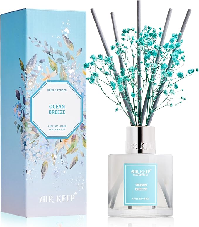 Airkeep Reed Diffuser Set,3.38 fl oz (100 ml) - Ocean Breeze Oil Diffusers with 8 Reed Sticks, Home Fragrance Reed Diffuser for Bathroom Shelf Decor