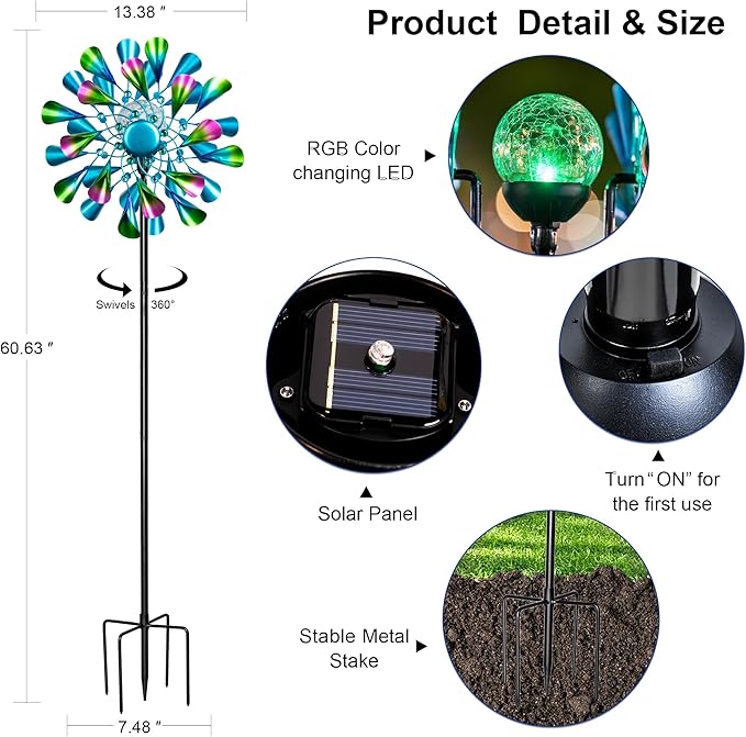 60'' Wind Spinner with Color Glass Ball Solar Lights, Green Peacock Feathers Metal Garden Outdoor Decor Yard Lawn Art Decor for Patio Kinetic Windmills Unique Gifts for Friends and Family