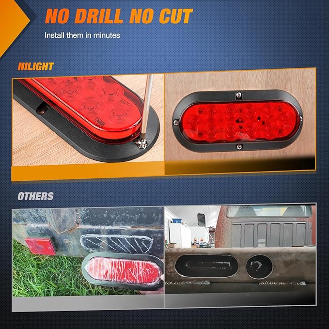 Nilight 6 Inch Oval Red White LED Trailer Tail Light 6PCS Waterproof Stop Brake Turn Reverse Back Up Surface Mount Trailers Lights for Truck RV Boat Bus Lorry Van Caravan