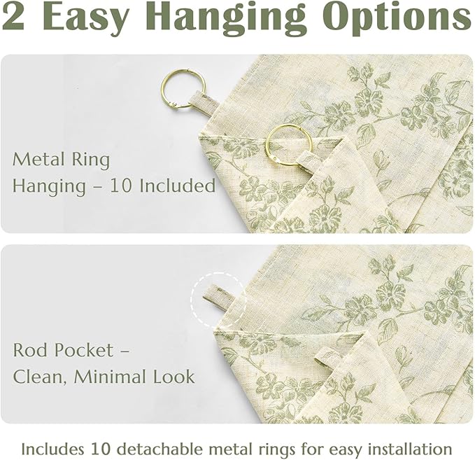 jinchan Floral Linen Kitchen Curtains with Attached Valance 24 Inch Length Farmhouse Cafe Tier Curtains for Living Room Bathroom Rustic Half Window Light Filtering Small Drapes 2 Panels Green