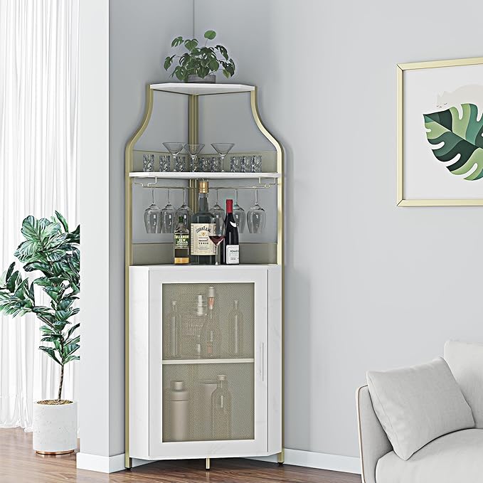 GarveeHome Corner Wine Cabinet with Detachable Wine Rack, 5-Tier Industrial Corner Bar Cabinet with Barn Door and Glass Holder, Farmhouse Buffet Cabinet and Home Bar, Gold