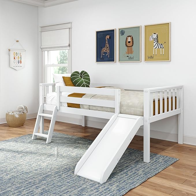 Max & Lily Twin Ultra Low Loft Bed with Slide and Climbing Ladder, Solid Wood Bed for Kids, Space Saving Design for Small Rooms, Twin Size Loft Bed with 14 Inch Guardrails, Anti Slip Steps, White
