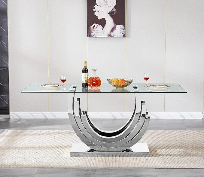 70 ''Glass Dining Table,Rectangle Glass Kitchen Table w/Tempered Glass Tabletop and Stainless Steel Base, Modern Glass Dining Room Table for Home, Kitchen, Dining Room