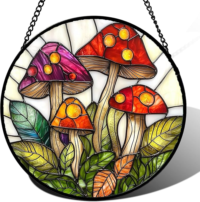 Stained Glass Window Hanging, Mushroom Leaves Suncatcher for Doors Home Sun Catchers Decoration and Christmas, Mother's Day Birthday Gifts for Women, Men, and Mom 14.9x14.9 in