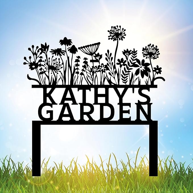 Custom Flowers Metal Garden Decor, Sign for Flower Beds, Personalized Flowers Garden Sign with Stakes, Metal Yard Art, Gift for Grandmother, Patio Decor, Farmhouse Decorations, Mom Gift