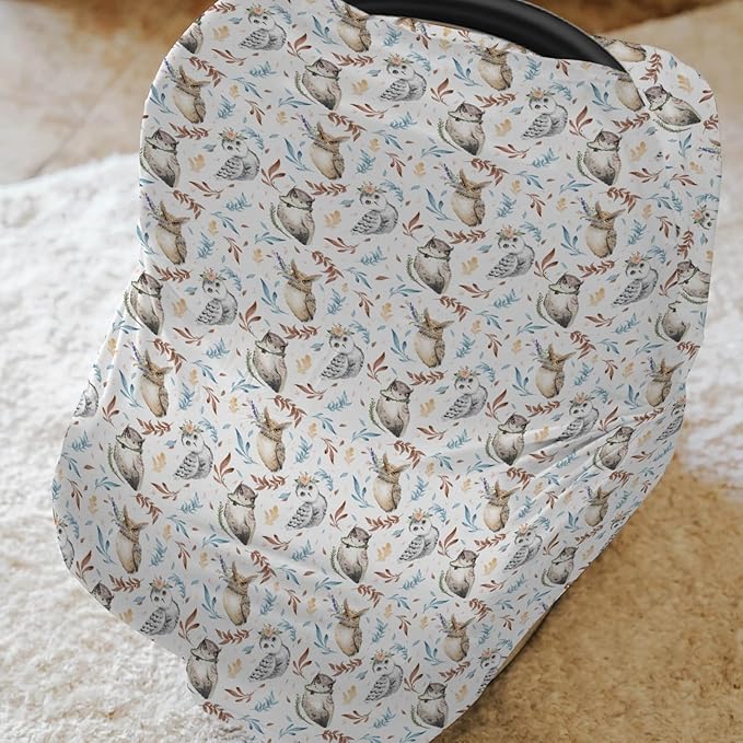 Boho Owls Floral Leaves Baby Car Seat Covers Watercolor Owl Stretchy 5-in-1 Cover Adjustable Car Canopy Breastfeeding Cover Floral Bird Fern Breathable Nursing Cover-Up