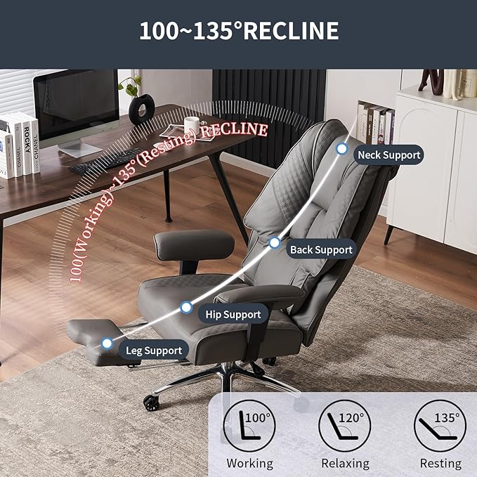 Big and Tall Office Chair 400lbs Wide Seat, Leather High Back Executive Office Chair with Foot Rest, Ergonomic Chairs Lumbar Support for Lower Back Pain Relief (Grey)