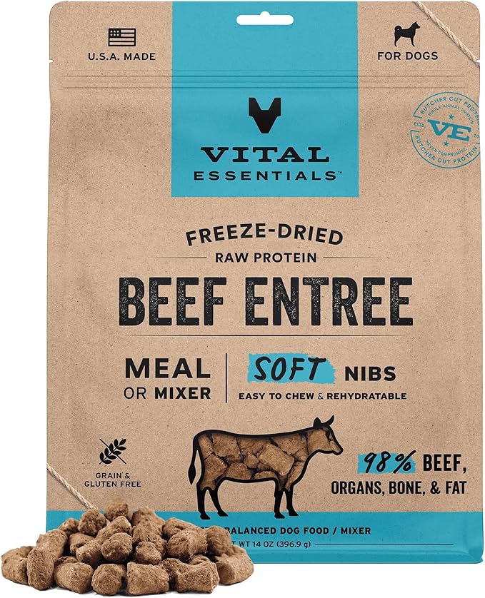 Vital Essentials Freeze-Dried Raw Beef Meal or Mixer Dog Food Soft Nibs | 98% Beef, Organs & Bone | 14 oz