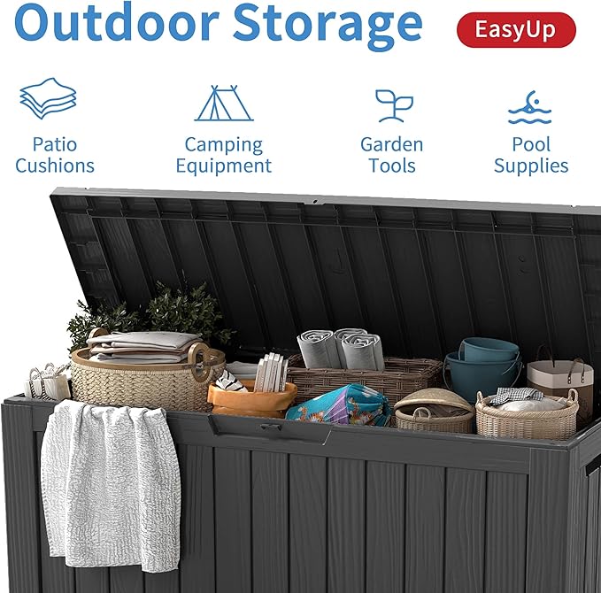EasyUp 85 Gallon Outdoor Storage Box, Resin Waterproof UV-Resistant Deck Box, Reinforced Stability for Patio, Garden, and Poolside, Striped Black