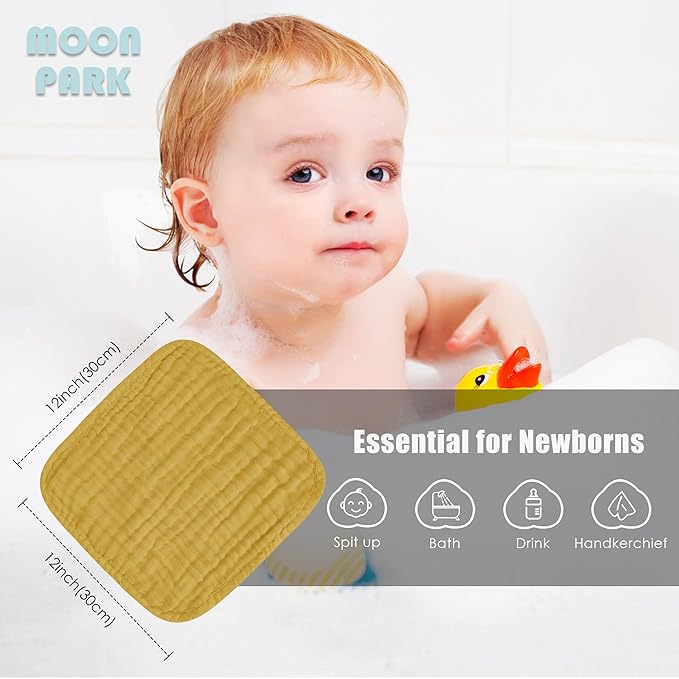 MOON PARK Baby Washcloths, 12 Pack - 12x12 Inches, Small Burp Cloths and Baby Wipes - 100% Cotton Muslin Ultra Soft for Newborn, Infant and Toddlers - Brown, Honey and Bean Paste Series