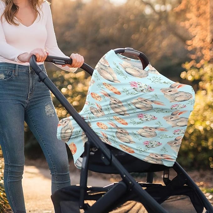 Wanyint Easter Rabbit Eggs Flower Blue Car Seat Covers for Boys Girls, Nursing Cover Carseat Canopy Baby Breastfeeding Cover Multi-use Nursing Scarf Infant Stroller Cover