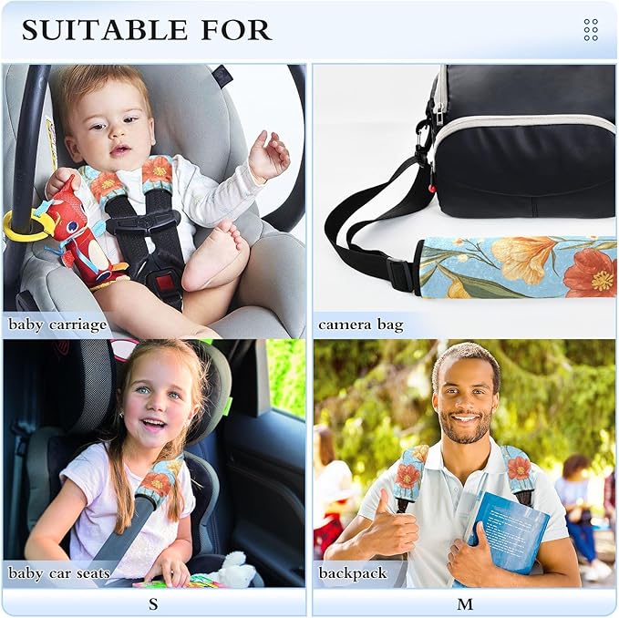 Car Seat Belt Pads Covers Set of 2 Soft Unique Camera Bag Strap Cover for Adults Youth Kids S Autumn Flowers Flower Daffodil Gladiolus Blue