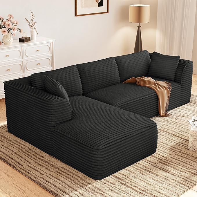 Vesgantti 106" Boneless Couch with Chaise, Deep Seat Comfy Cloud Modular Sofa Corduroy Memory Foam Sectional Couches for Living Room Bedroom, No Assembly Required (Black, Left-Facing Chaise)