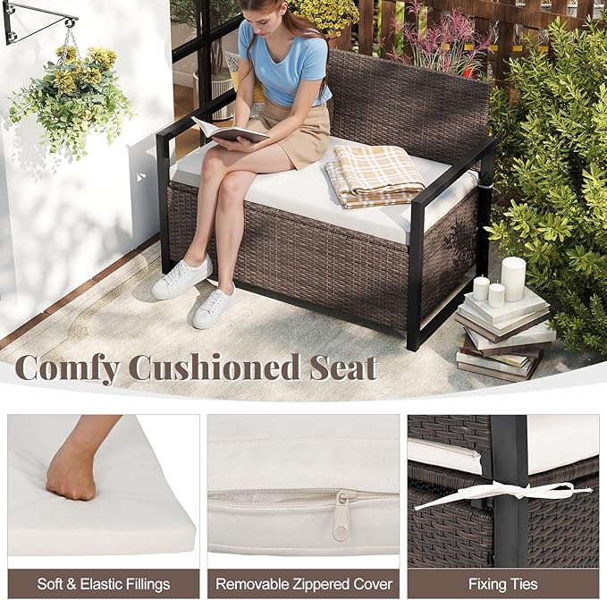 RELAX4LIFE Wicker Outdoor Bench with Storage - Rattan Deck Box w/Protective Liner for Pillows, Pool Supplies, Garden Tools, Patio Loveseat with Seat Cushion & Metal Armrests for Backyard Porch Balcony