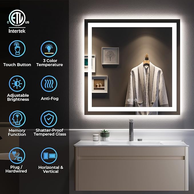36x36 Inch LED Bathroom Mirror with Lights Front and Backlit Lighted Vanity Mirror for Bathroom Wall with 3 Colors Dimmable Anti-Fog Memory Shatter-Proof IP54 Waterproof Horizontal/Vertical