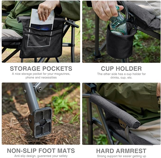 EVER ADVANCED Padded Oversized Folding Camping Chair for Adults, Heavy Duty Lawn Chair with Side Pockets, Portable Collapsible Quad Chair for Outside, Support Up to 500lbs, Black