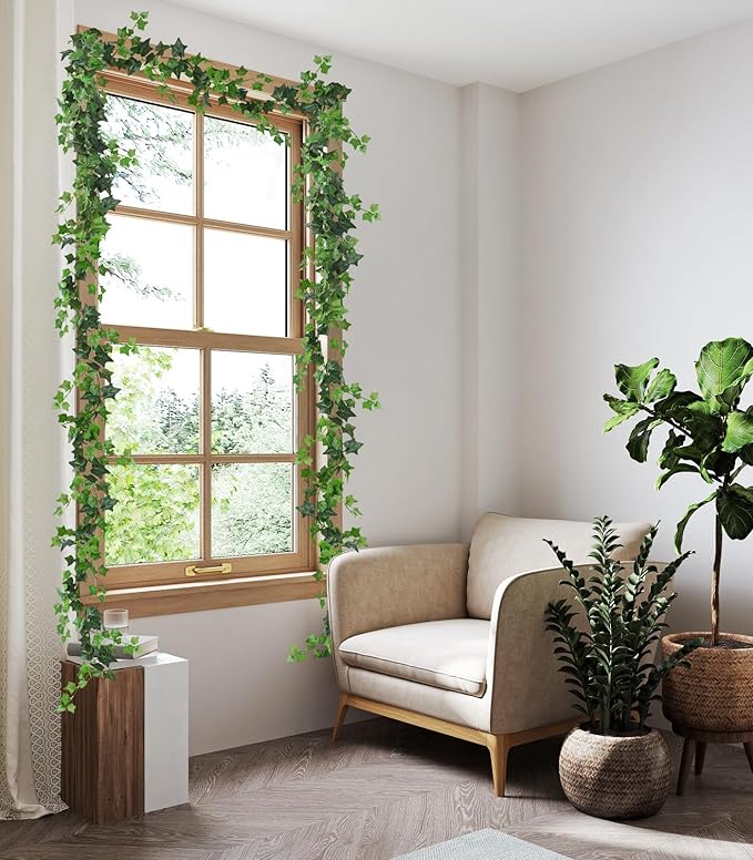 RECUTMS 6 Strands Artificial Vines Ivy Garland 6.4Ft Fake Vine with Silk Green Leaves Ivy Vines Faux Hanging Plants Greenery Decoration Vines for Home Wall Wedding Room Indoor Outdoor Decor(lvy)