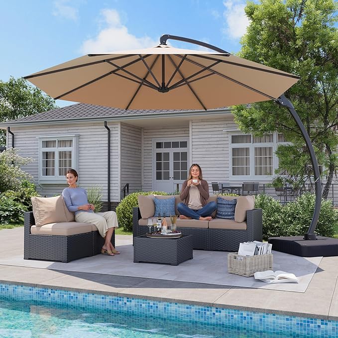 Aoxun 11 FT Cantilever Umbrella with Base Included, Patio Large Aluminum Offset Umbrella Windproof with 360°Rotation, Heavy Duty Frame for Outdoor, Pool, Deck and Garden