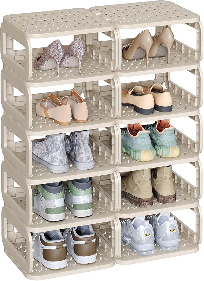 SONGMICS Shoe Rack, Shoe Organizer, 12 Shelves, Shoe Storage, Narrow Shoe Shelf, Open Shelf for Entryway, Living Room, Bathroom, Space-Saving, Cappuccino Beige ULPC038K01