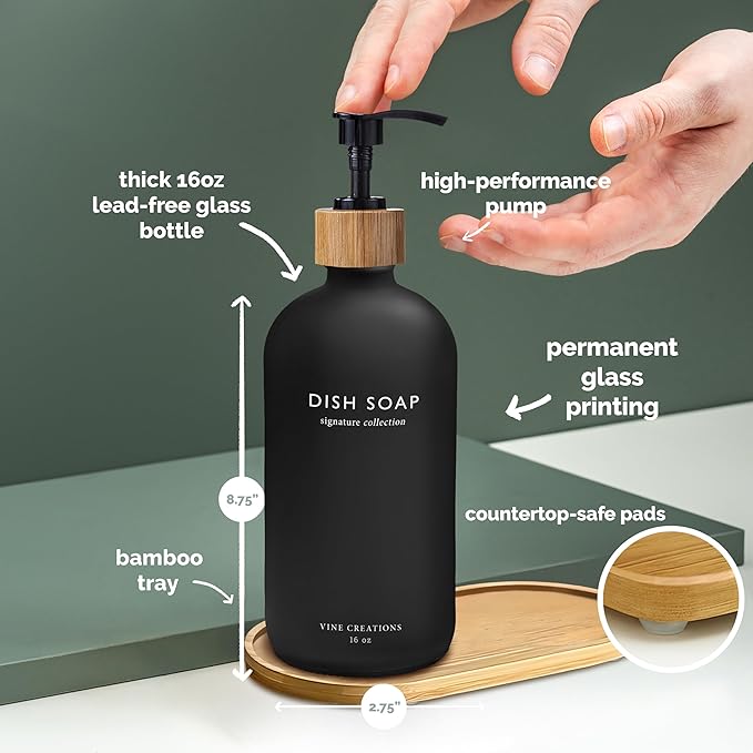 Vine Creations Black Glass Soap Dispenser Set, Hand Soap and Dish Soap Dispenser Set with Bamboo Tray, 16 oz Glass Dispensers Bottle for Kitchen and Bathroom Decor Modern Boho with Bamboo Pump (Black)