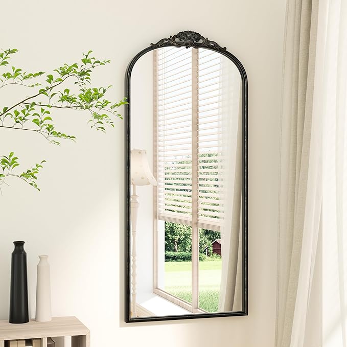 Keonjinn Arched Wall Mirror, 48" x 22" Vintage Mirror Full Length, Black Traditional Decoration Baroque Style, Ornate Mirrors for Hallway, Fireplace, French Cleat Mounting