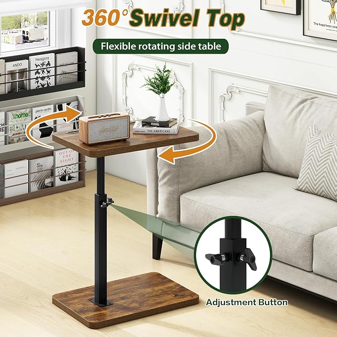 IBUYKE C Shaped Side Table, 360° Swivel Height Adjustable End Table for Small Spaces, with Phone & Tablet Slot, Modern Small Coffee Snack Table for Sofa/Bed, Retro Brown UTVT003H