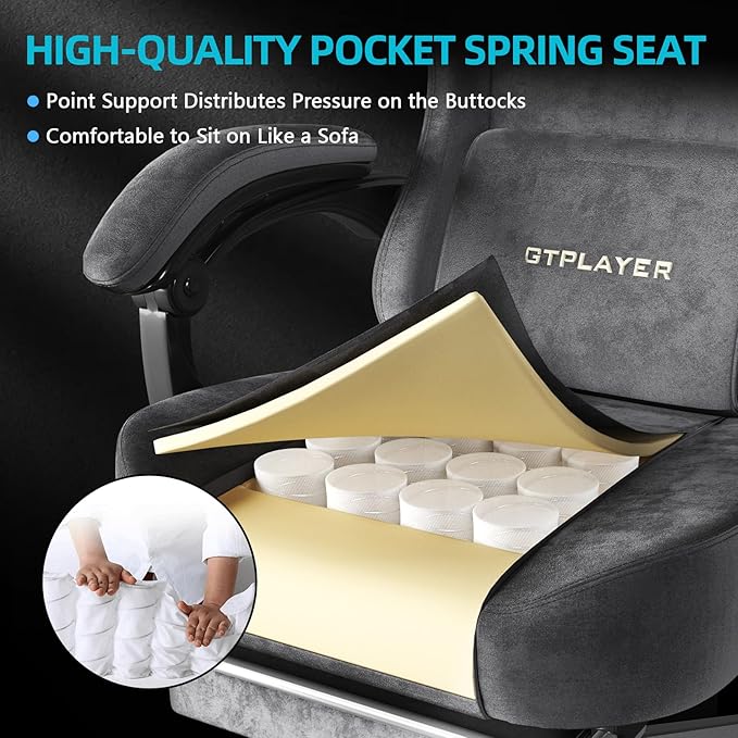 GTPLAYER Gaming Chair Fabric with Pocket Spring Cushion, Big and Tall Gamings Chairs 350LBS High Back Computer Chair with Footrest for Adults Lumbar Support Swivel Game Chair for Office Dark Grey